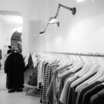 grayscale photography of clothes lot